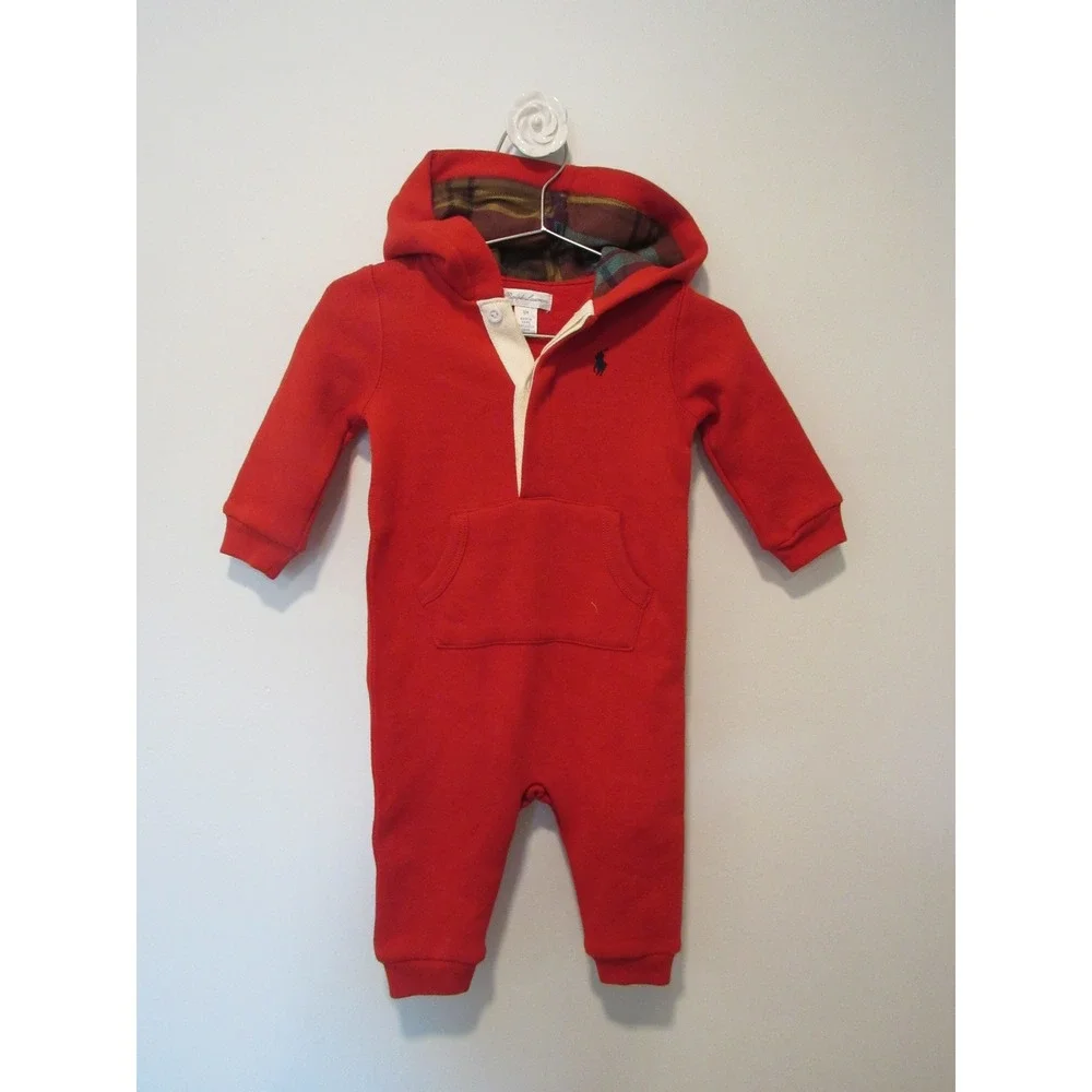 Ralph Lauren Baby Red Hooded One Piece Sweatsuit Plaid Lined 6M Romper